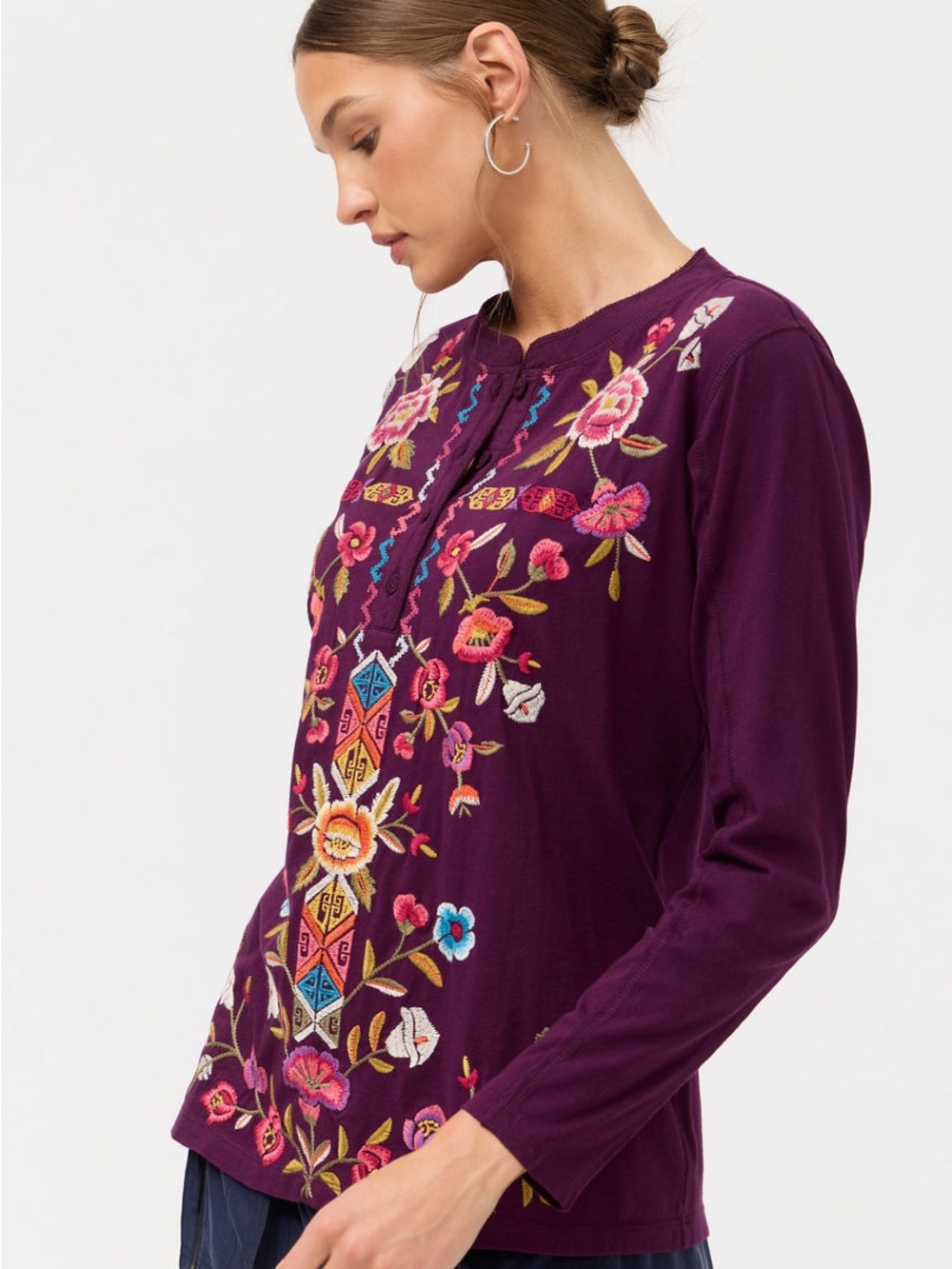 NWT Johnny Was Anaya Raw Seam Henley in Plum Size XXL - Picture 2 of 11